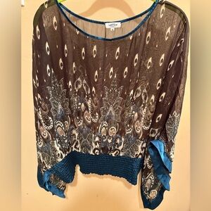 Verty Sheer Blouse Paisley Peacock Pattern Kimono Sleeve  Cinched Waist Size M